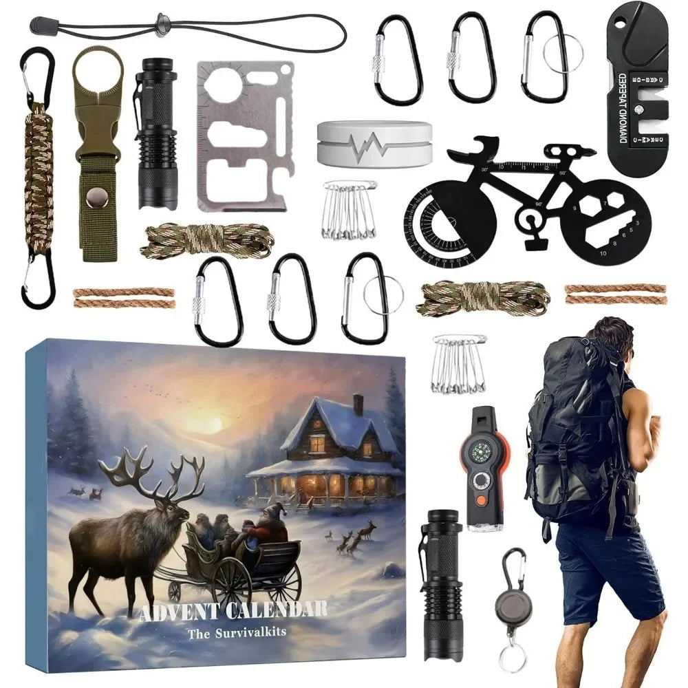 Survival Kit Adventskalender 2025 | 24 Premium Tools für Angler, Kletterer & Outdoor-Fans | Männer Geschenk