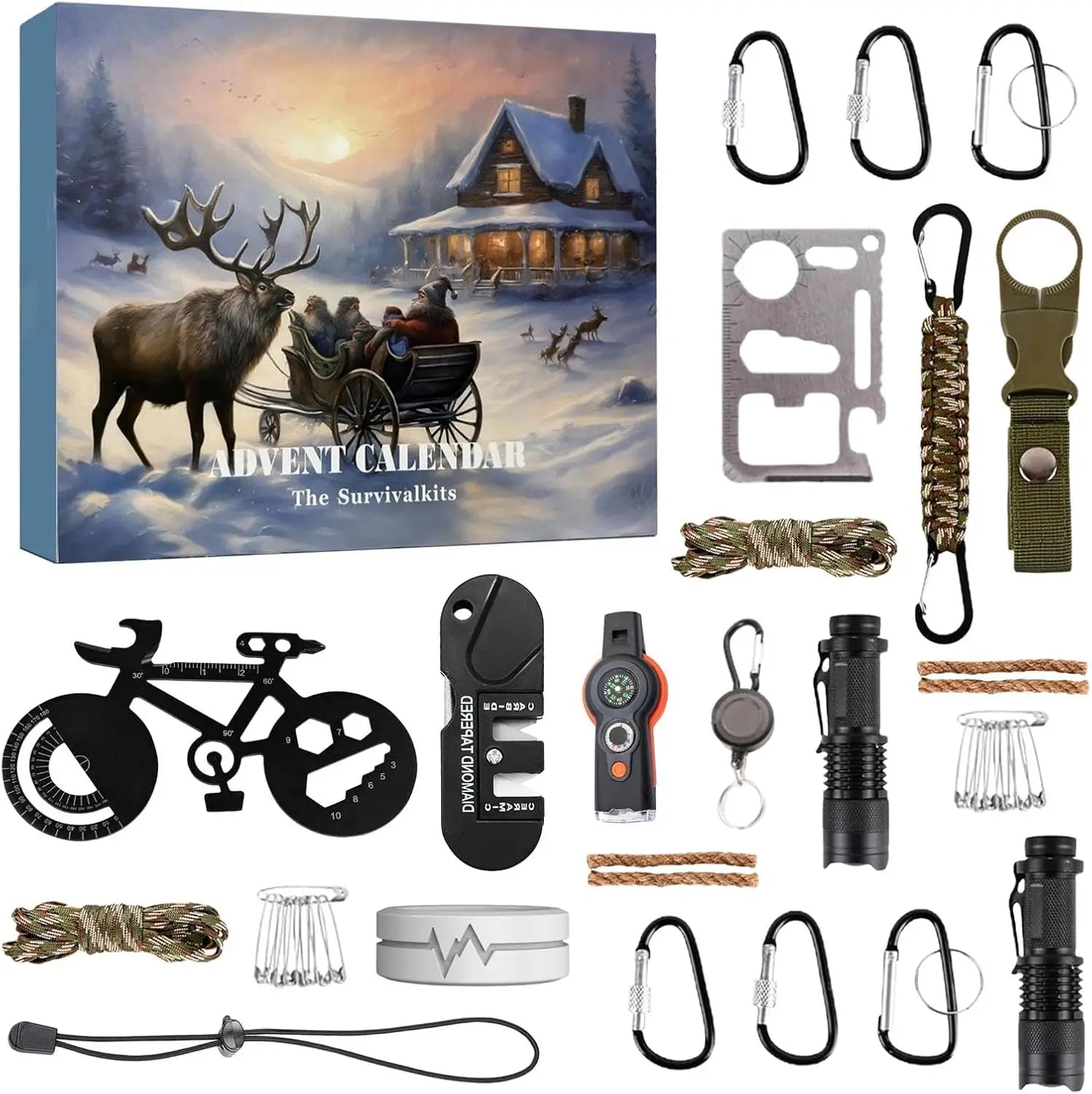 Survival Kit Adventskalender 2025 | 24 Premium Tools für Angler, Kletterer & Outdoor-Fans | Männer Geschenk